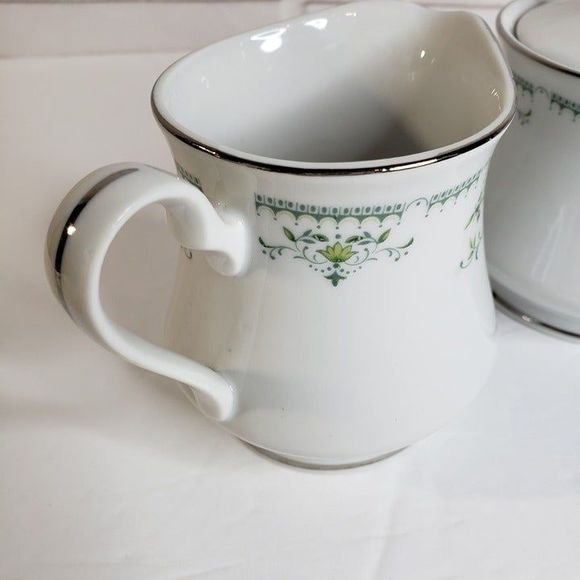 Vtg Cotillion Juliet White with Silver Green Dainty Floral Sugar & Creamer Set - Picture 4 of 11